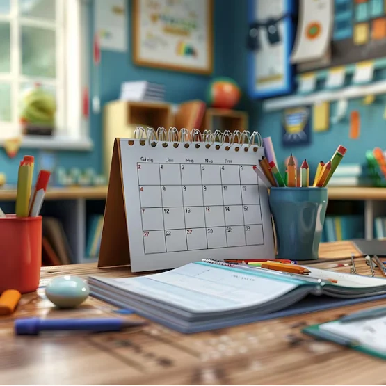 Illustration of a classroom desk with a calendar, planner and stationery representing class scheduling