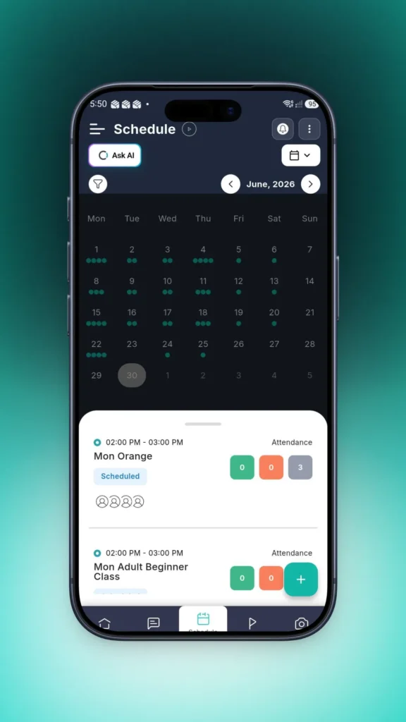 Outcoach mobile app showing a coach's class schedule for the month