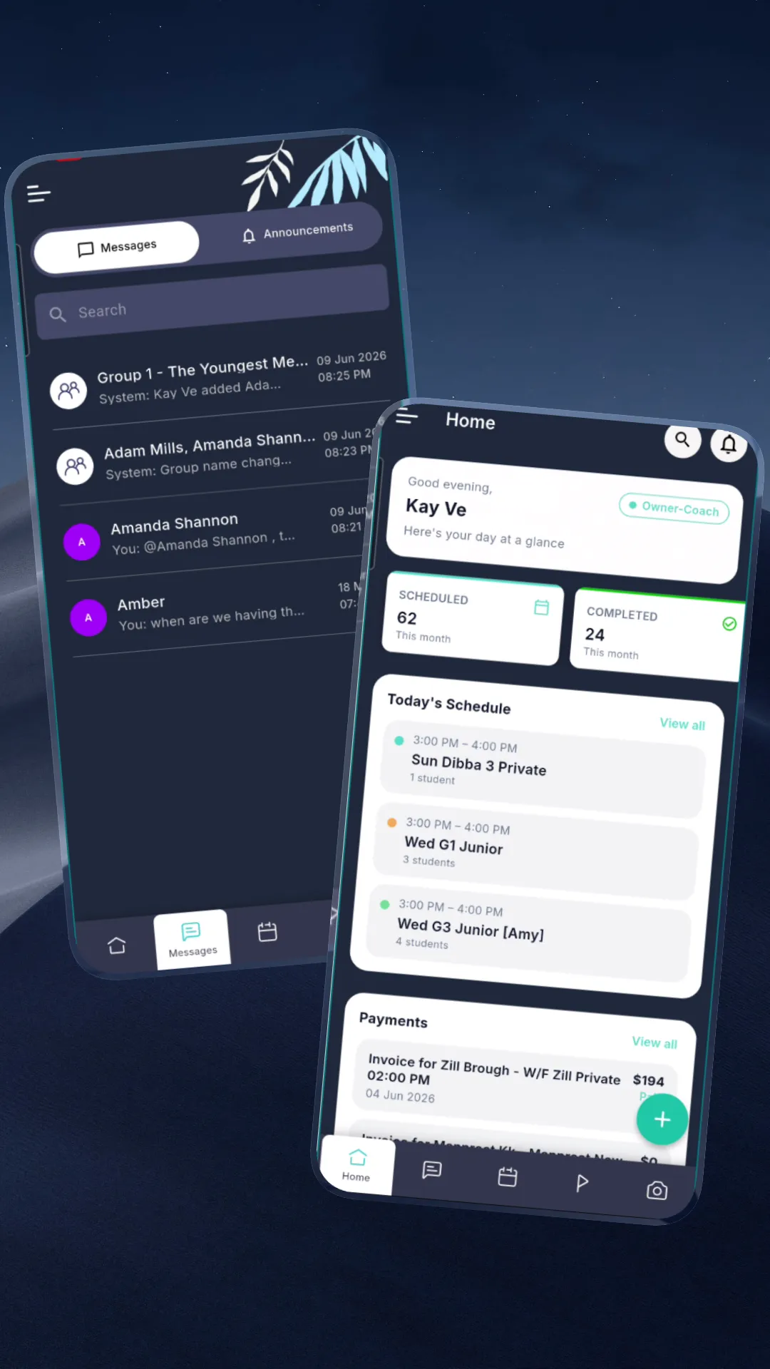 Outcoach mobile app home screen showing today's schedule and payment summary