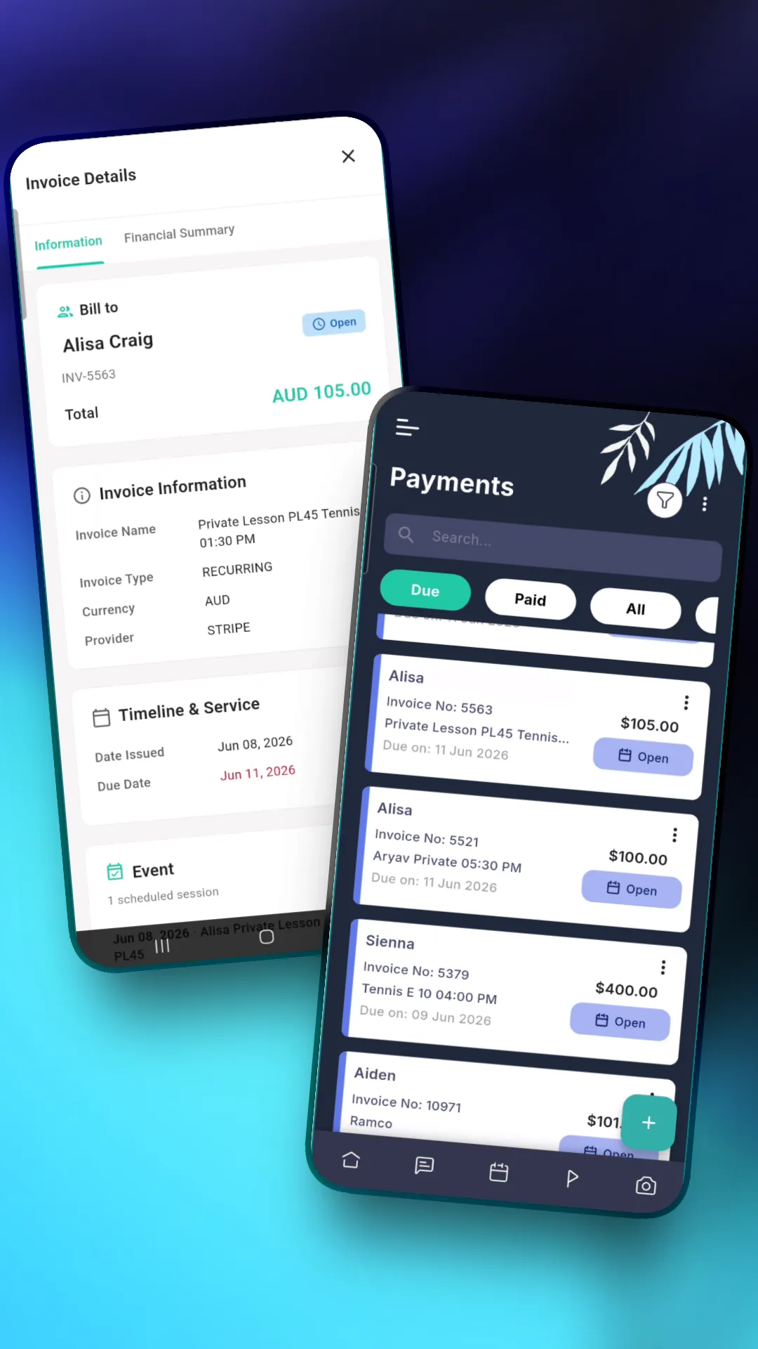 Outcoach mobile app Payments screen showing invoice details and due amounts