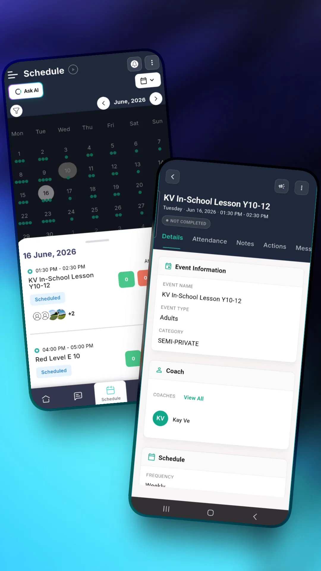 Outcoach mobile app showing the class schedule and an event detail screen