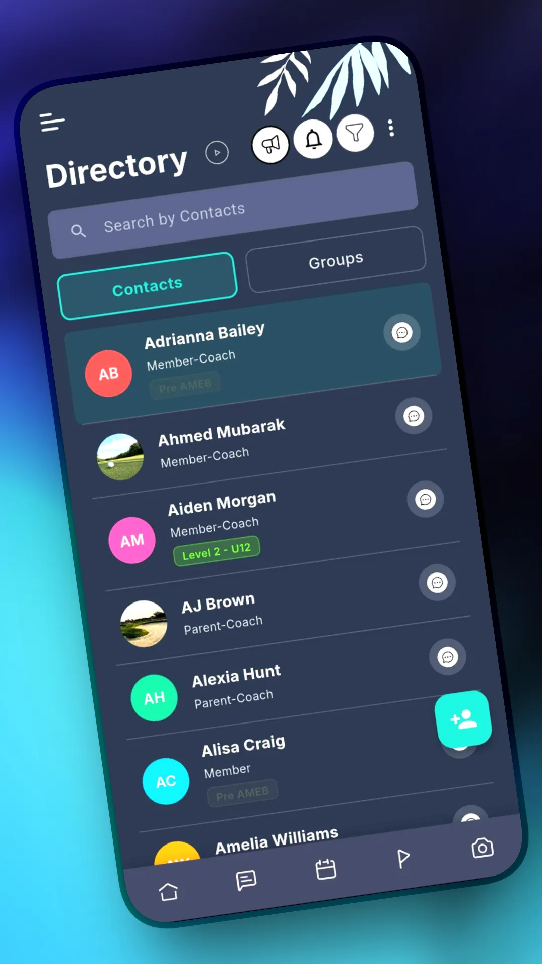 Outcoach mobile app contact directory listing members and coaches