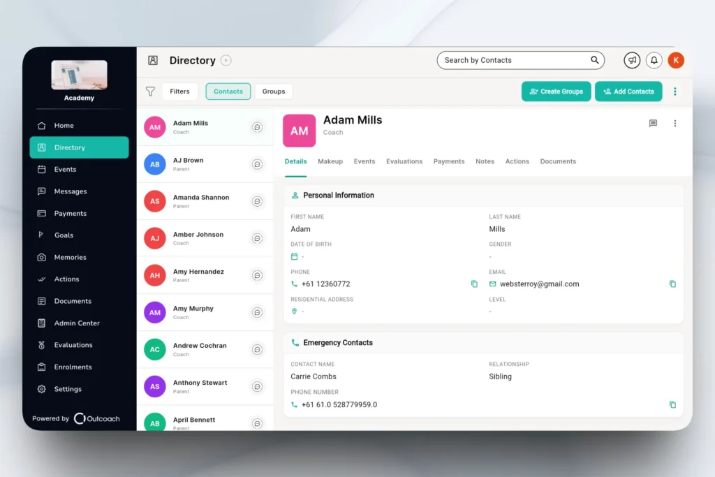 Outcoach student directory with a student profile open