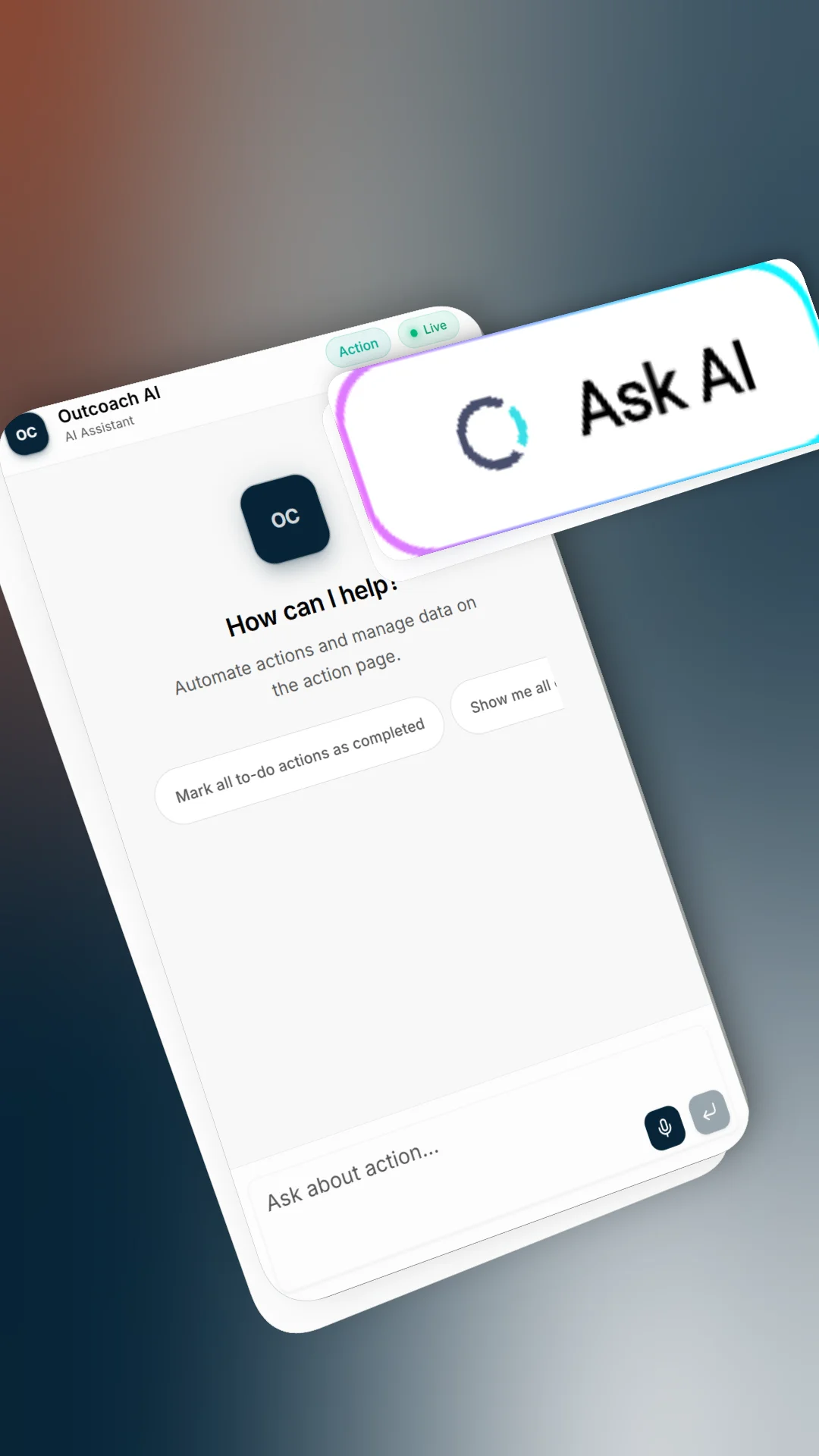 Outcoach AI assistant mobile screen answering questions and automating actions
