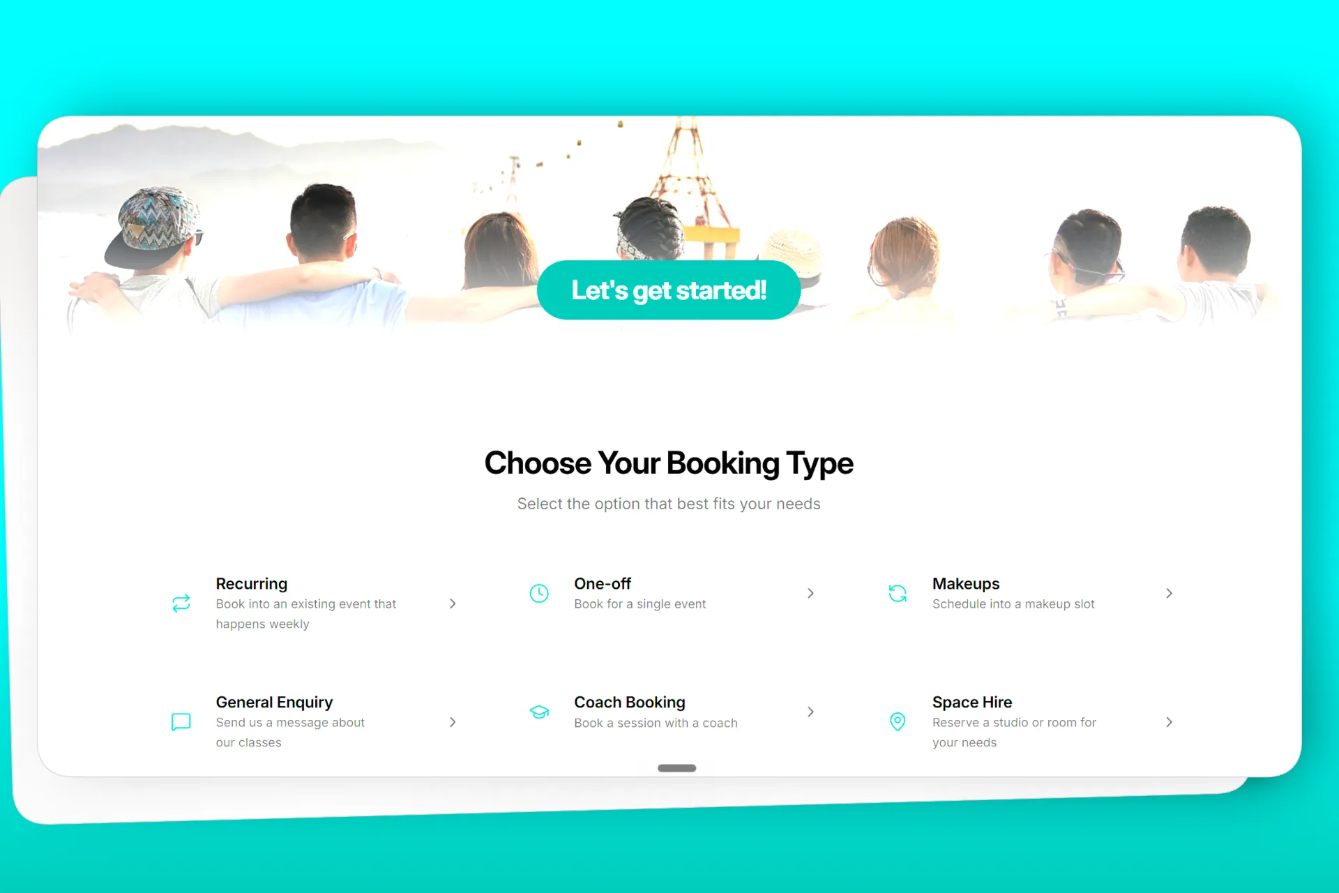 Outcoach online booking widget showing available booking type options