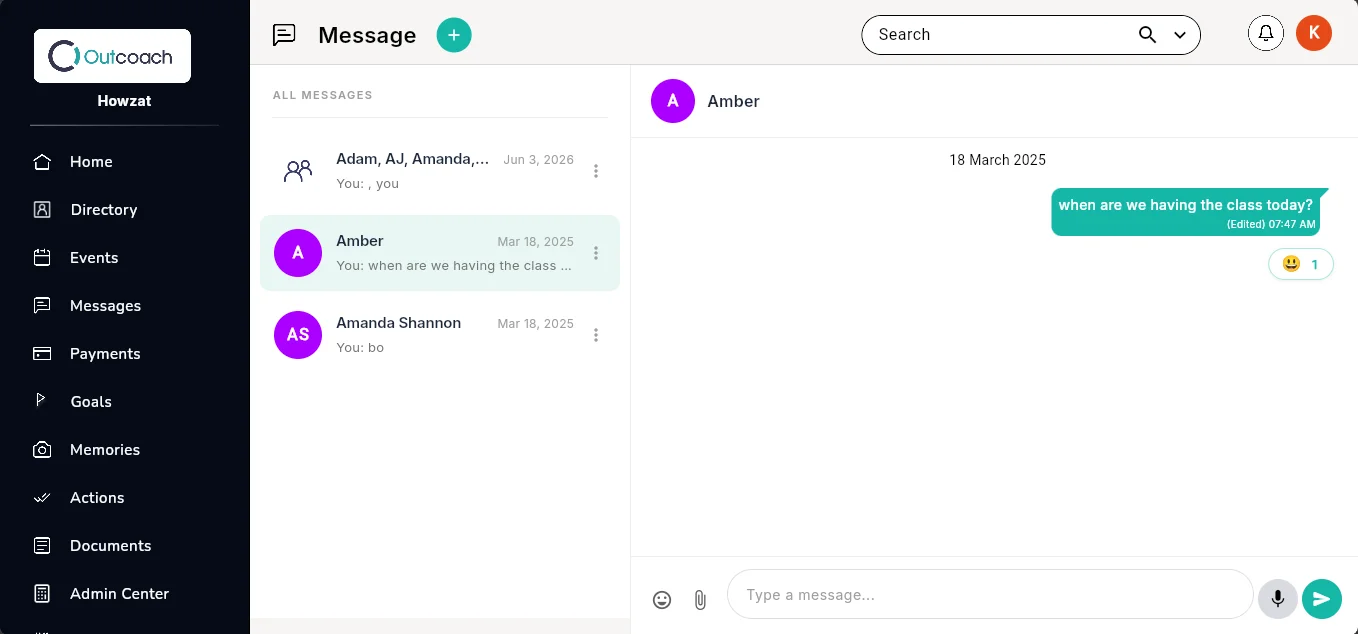 Outcoach dashboard Messages screen showing a conversation between a coach and a client