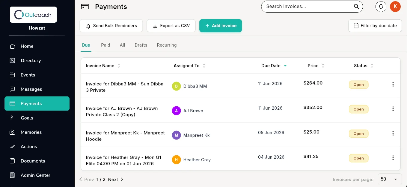 Outcoach dashboard Payments screen showing a list of invoices with due dates and amounts