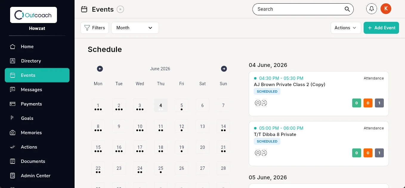 Outcoach dashboard showing the Events calendar with scheduled classes and attendance tracking