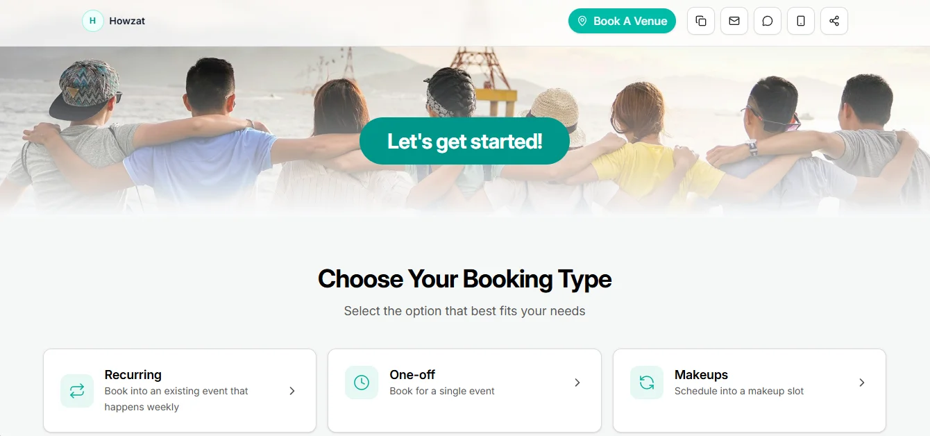 Outcoach online booking screen where clients choose a booking type such as recurring, one-off or makeup session
