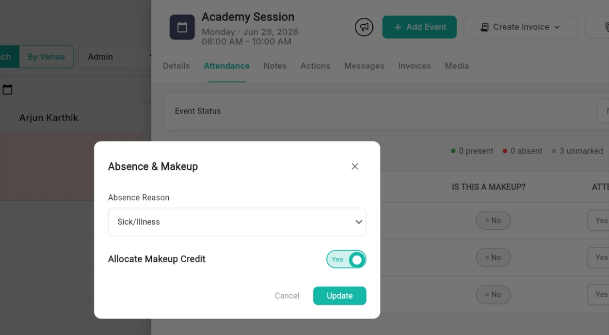 Outcoach Absence and Makeup window on the attendance roll, with absence reason Sick/Illness and Allocate Makeup Credit switched on