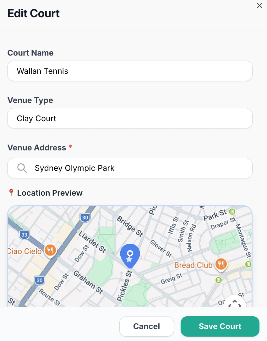 Adding a court in Outcoach with court name, venue type, venue address and a location map preview