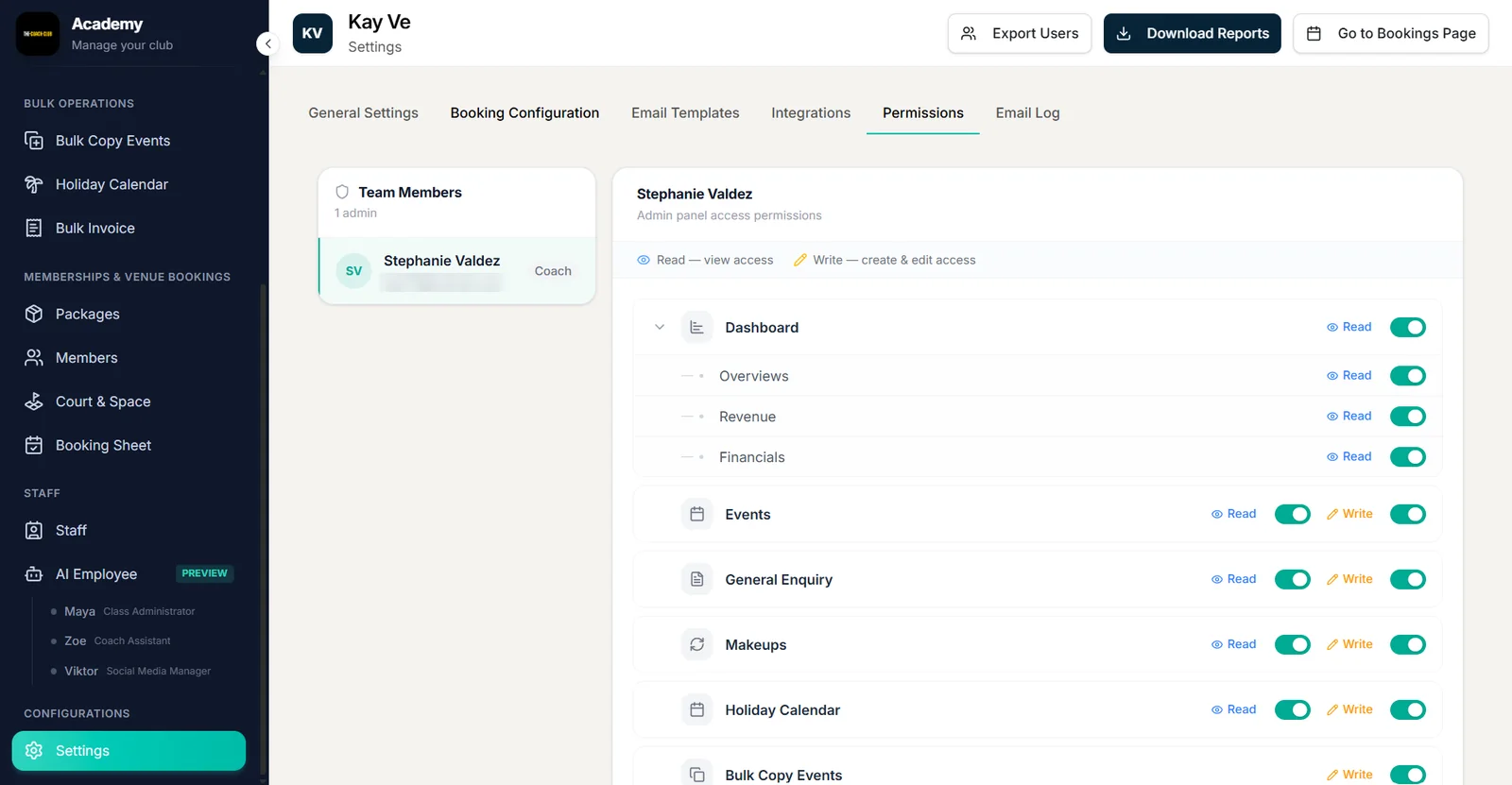 Permissions settings in Outcoach with read and write toggles for each module
