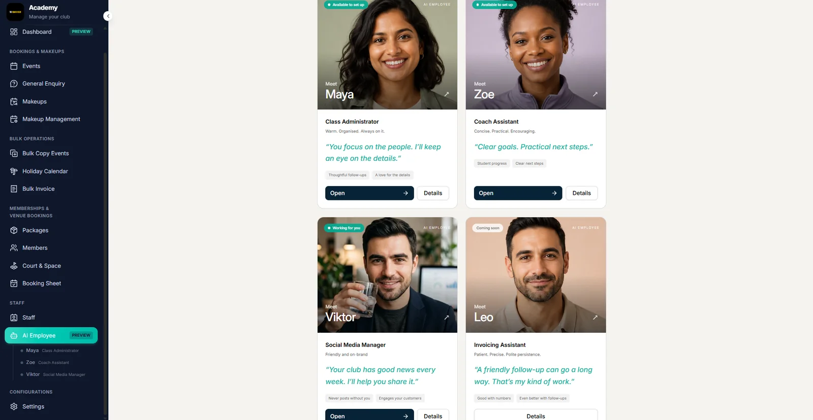 AI Employees screen in Outcoach showing Maya the Class Administrator, Zoe the Coach Assistant, Viktor the Social Media Manager and Leo the Invoicing Assistant