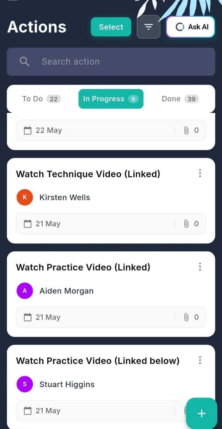 Outcoach app showing practice tasks with linked technique videos