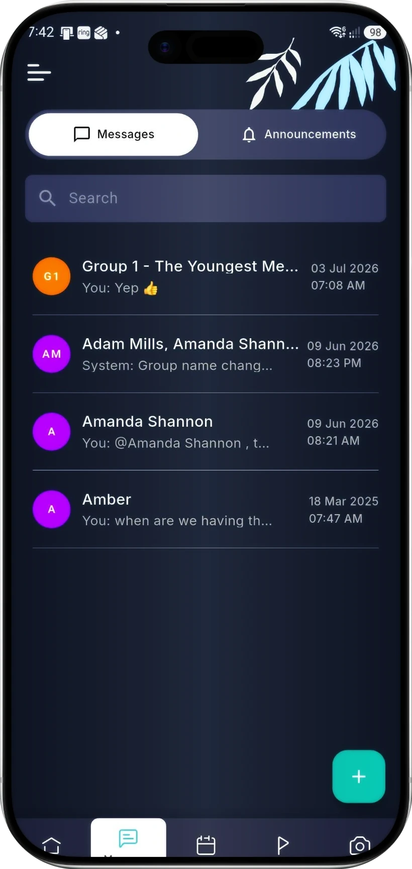 Outcoach mobile app with Messages and Announcements tabs, conversations with parents and a class group
