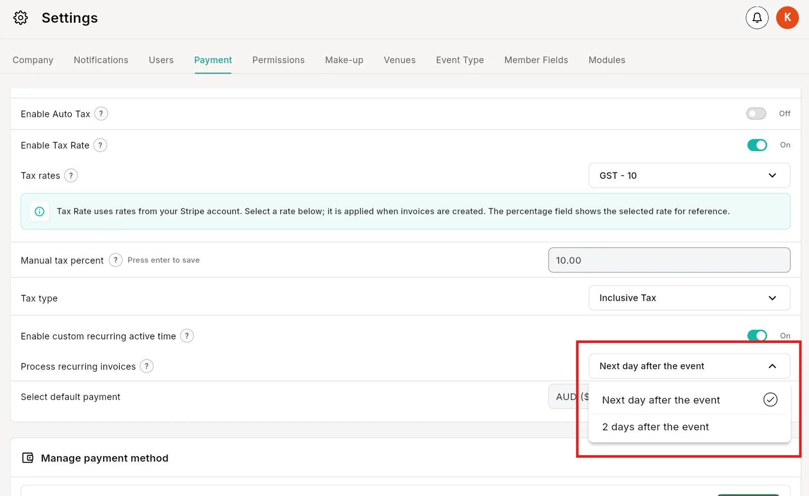 Payment settings in Outcoach with Process recurring invoices set to the next day after the event