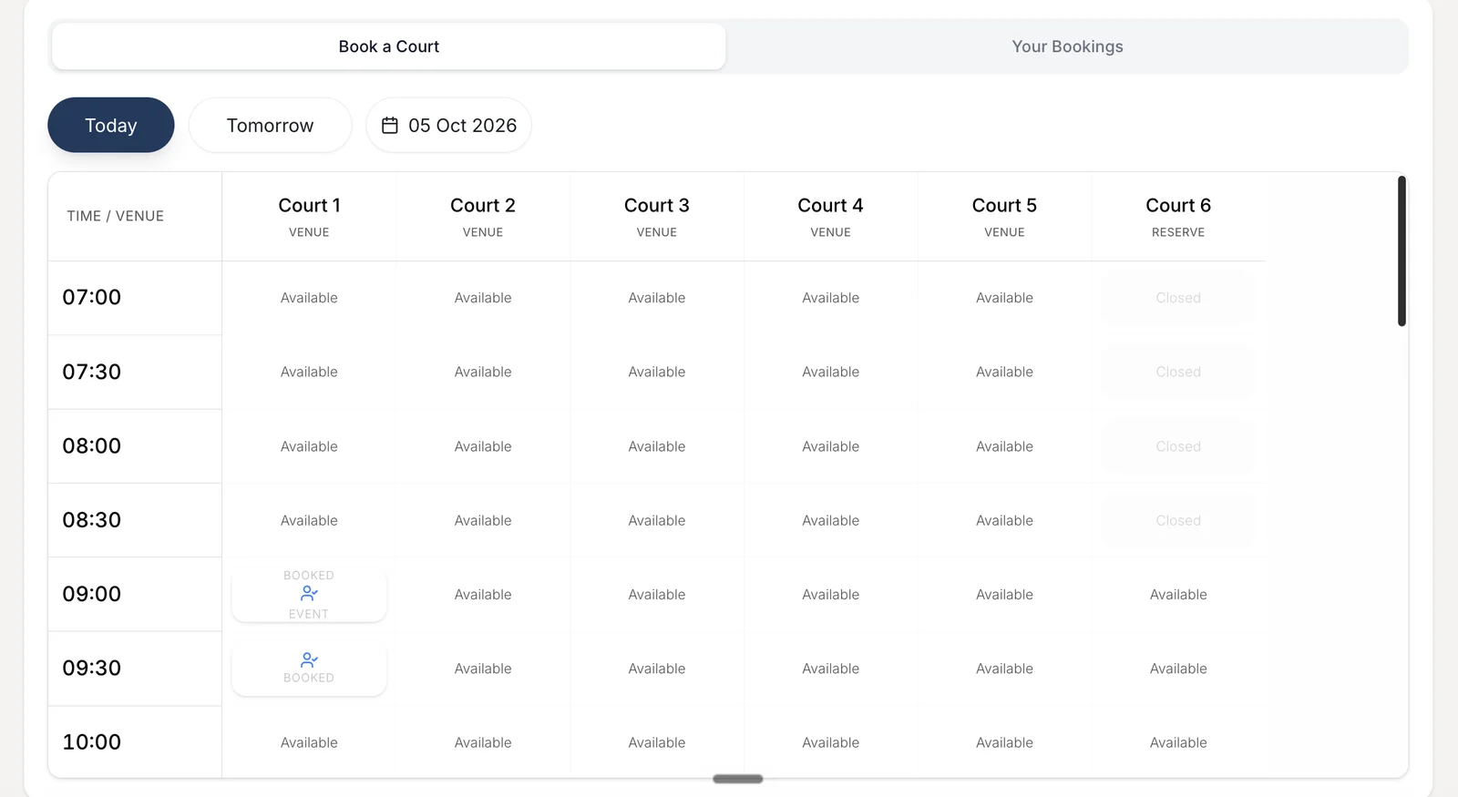 Outcoach online court booking grid with today, tomorrow and a date picker, live availability across six courts, booked slots and a reserve court closed until 9am