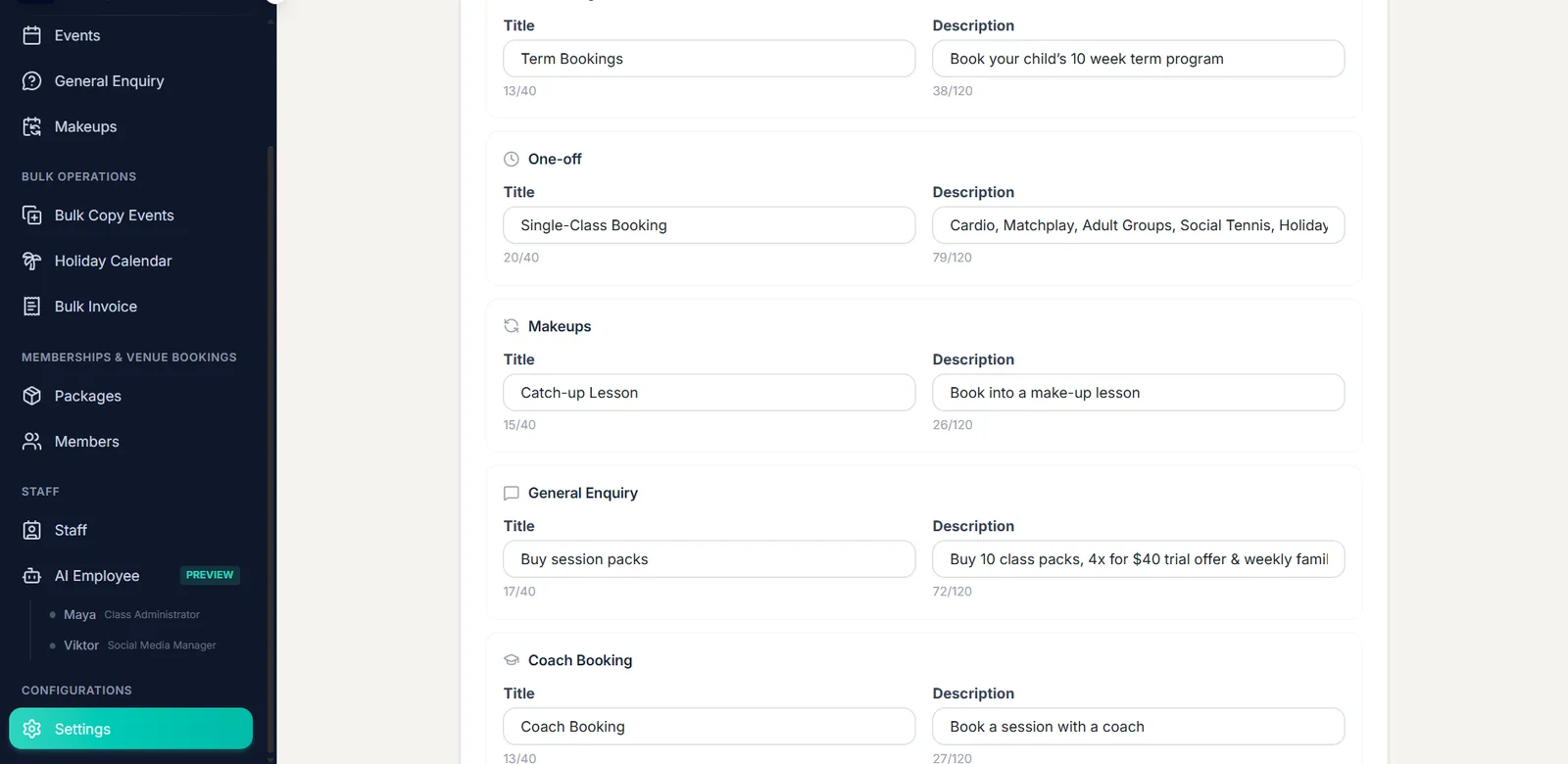 Booking labels settings in Outcoach with custom titles and descriptions for term, one-off, makeup and enquiry bookings
