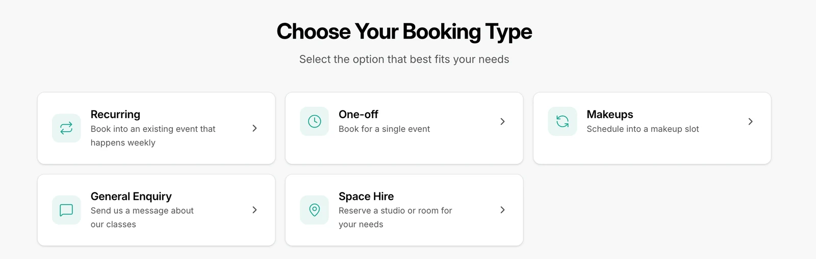 Outcoach booking page with booking types: Recurring, One-off, Makeups, General Enquiry and Space Hire