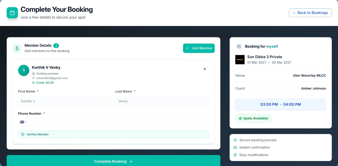 Outcoach booking screen with member details and the session being booked