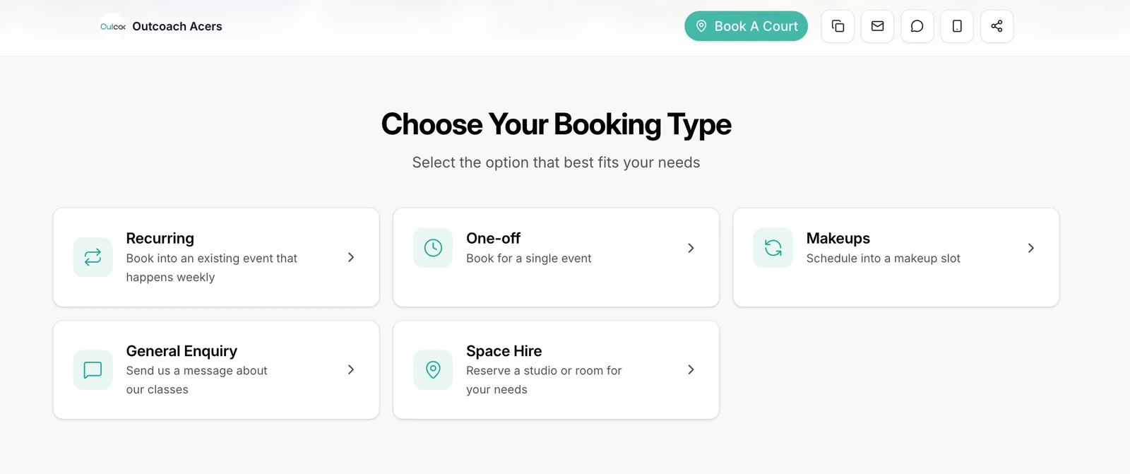 Outcoach booking site with booking types for recurring, one-off, makeups, general enquiry and space hire, plus a Book A Court button