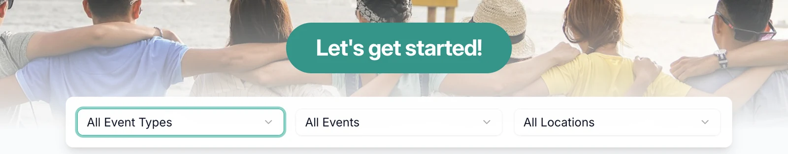 Outcoach booking site filters for event type, event and location under a Let’s get started banner