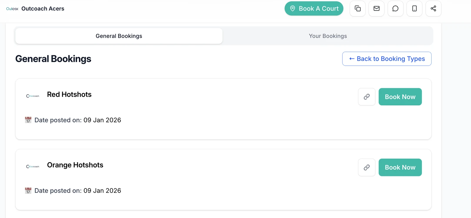 An Outcoach booking site listing programs with Book Now and share-link buttons, plus a Book A Court button