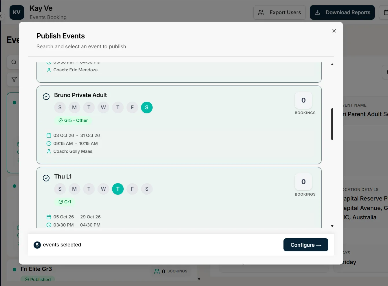 Publish Events dialog in Outcoach with several events selected and a Configure button