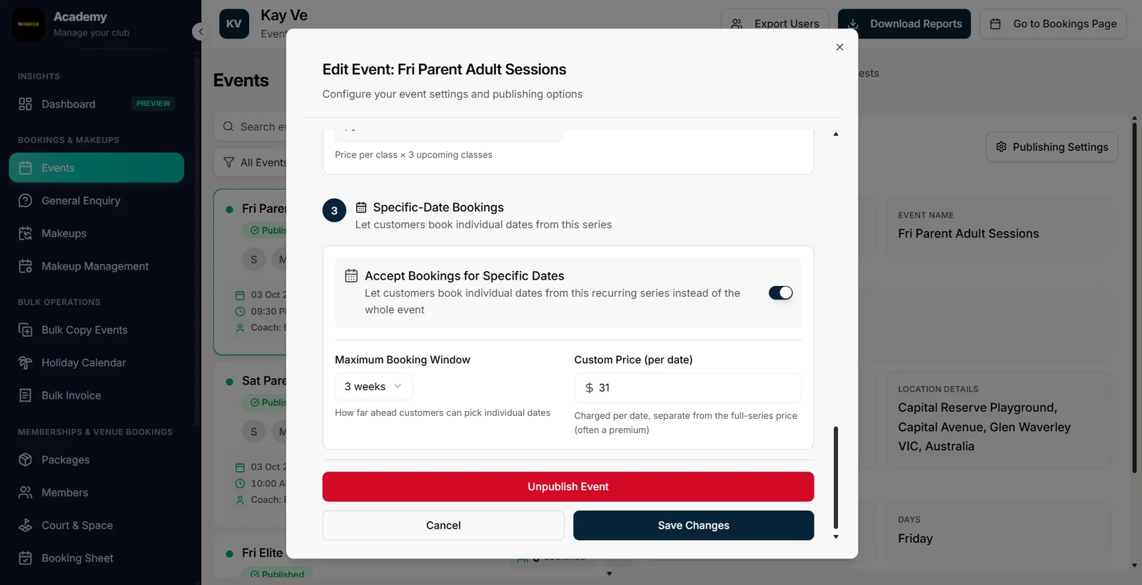 Edit Event settings in Outcoach with Specific-Date Bookings turned on, a three-week booking window and a custom price per date