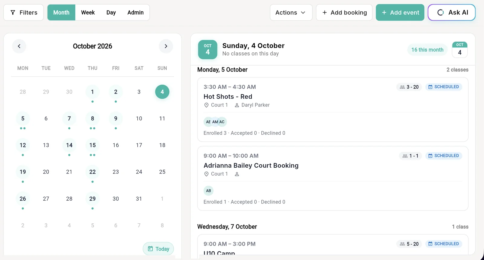 Outcoach calendar with month, week, day and admin views and the week's classes with capacity and enrolment