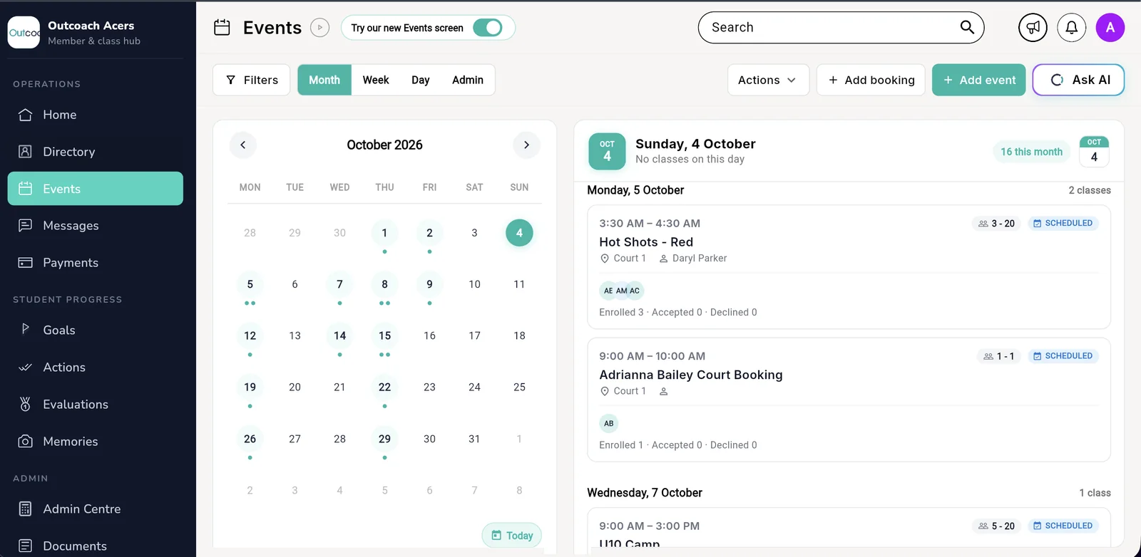Outcoach Events calendar in month view, showing upcoming classes with coach, court and enrolment