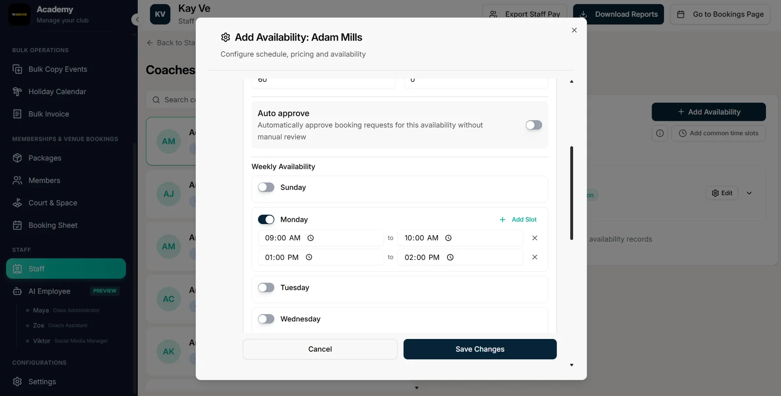 Add Availability dialog in Outcoach with weekly time slots for a coach and an auto-approve option