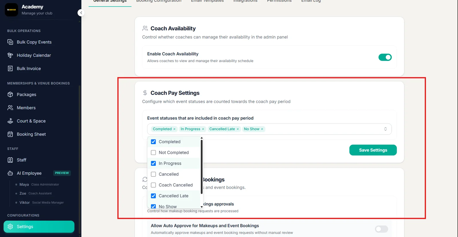 Coach Pay Settings in Outcoach with selected event statuses counted toward the coach pay period