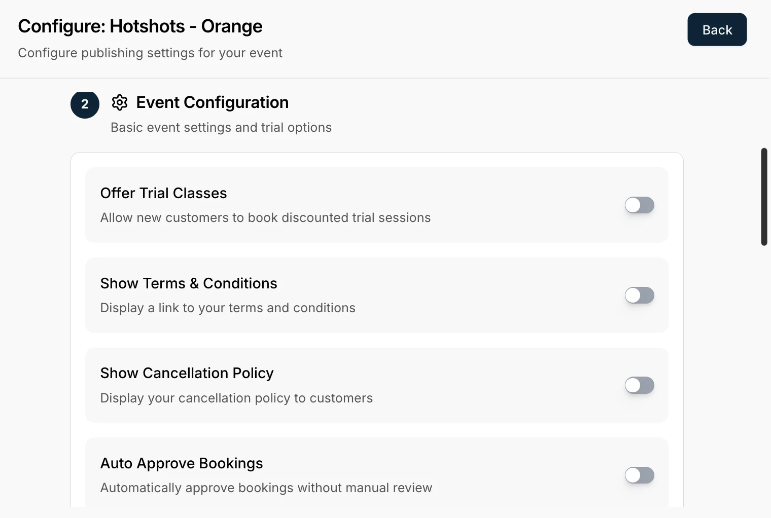 Outcoach event booking settings for trial classes, terms and conditions, cancellation policy and auto-approve bookings