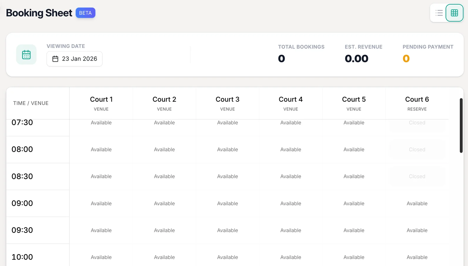 Outcoach Booking Sheet with total bookings, estimated revenue and pending payment for the day, and availability by court and time