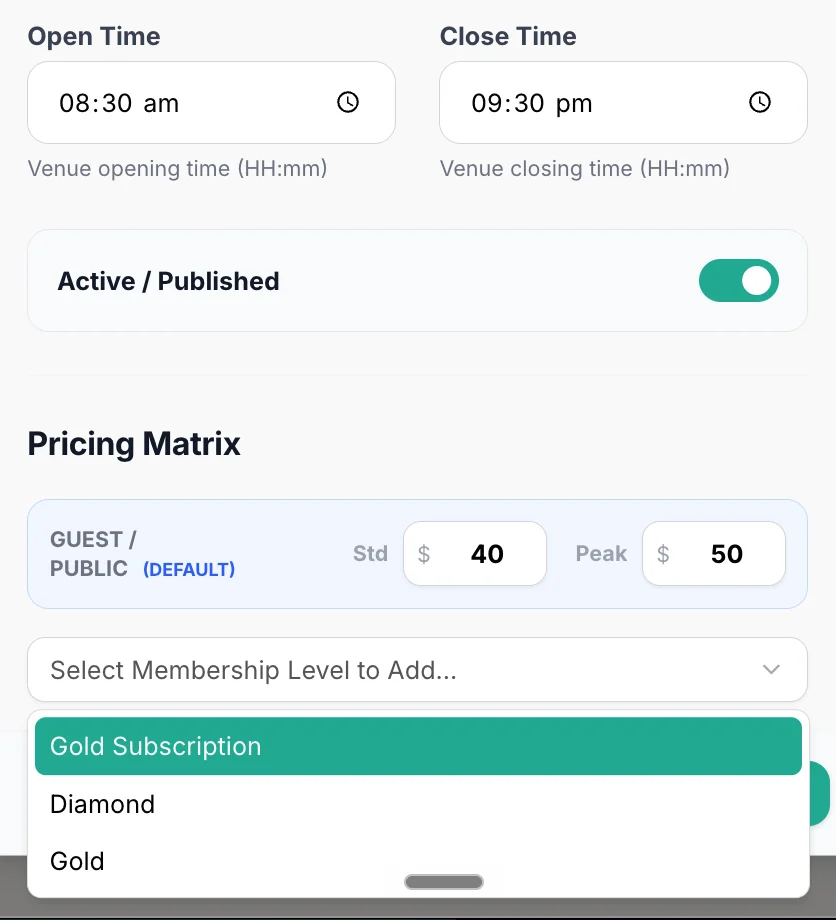 Outcoach court settings with open and close times, a published toggle and a pricing matrix with standard and peak guest rates and membership levels