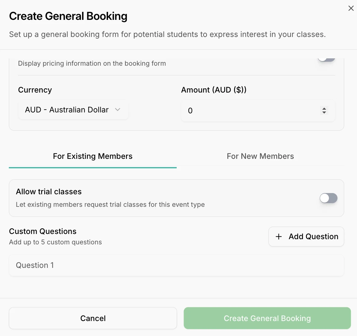 Creating a general booking form in Outcoach with pricing, member options, trial classes and custom questions