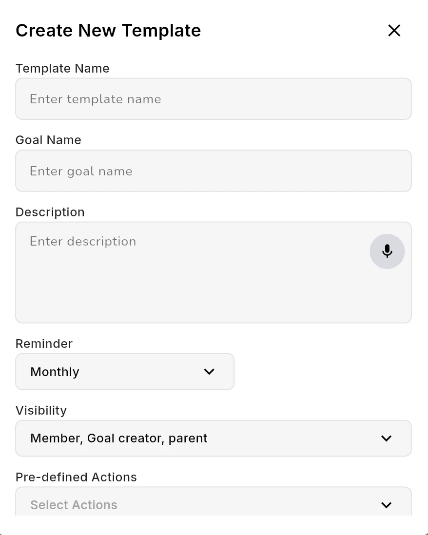 Creating a goal template in Outcoach with template name, goal name, description with voice input, reminder, visibility and pre-defined actions