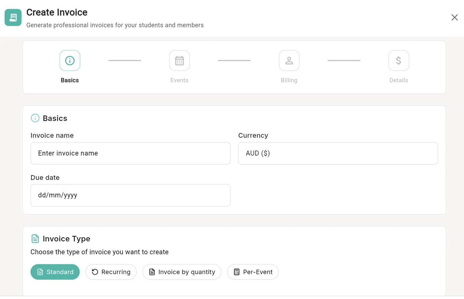 Creating an invoice in Outcoach with standard, recurring, by-quantity and per-event invoice types