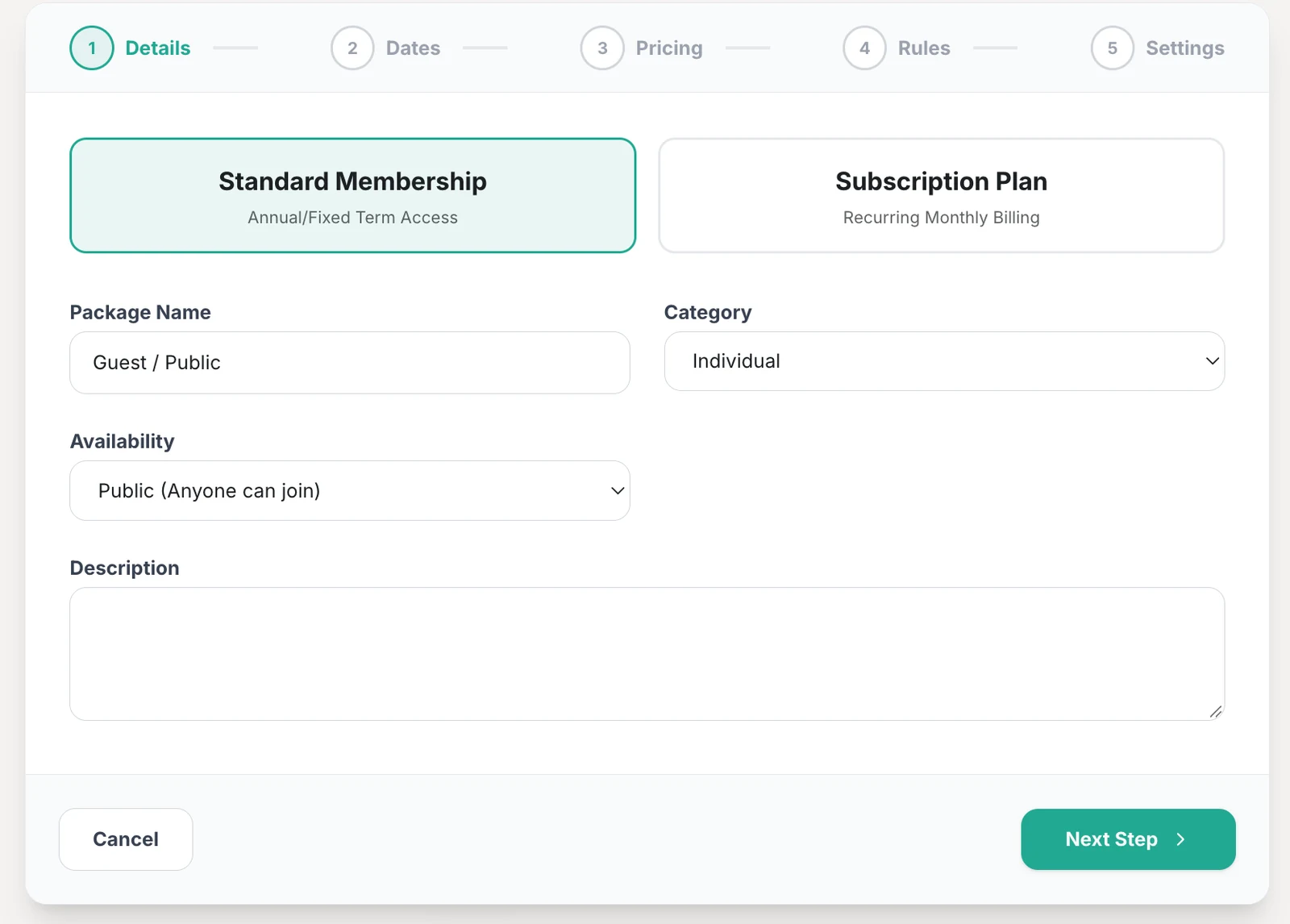 Creating a membership package in Outcoach, choosing between a standard membership and a subscription plan, with name, category and availability