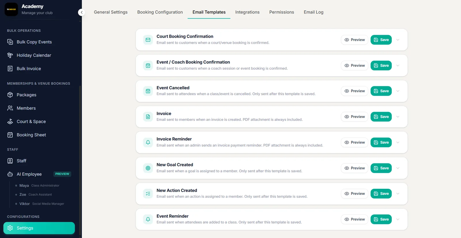 Email Templates settings in Outcoach listing booking confirmation, event cancelled, invoice and reminder templates