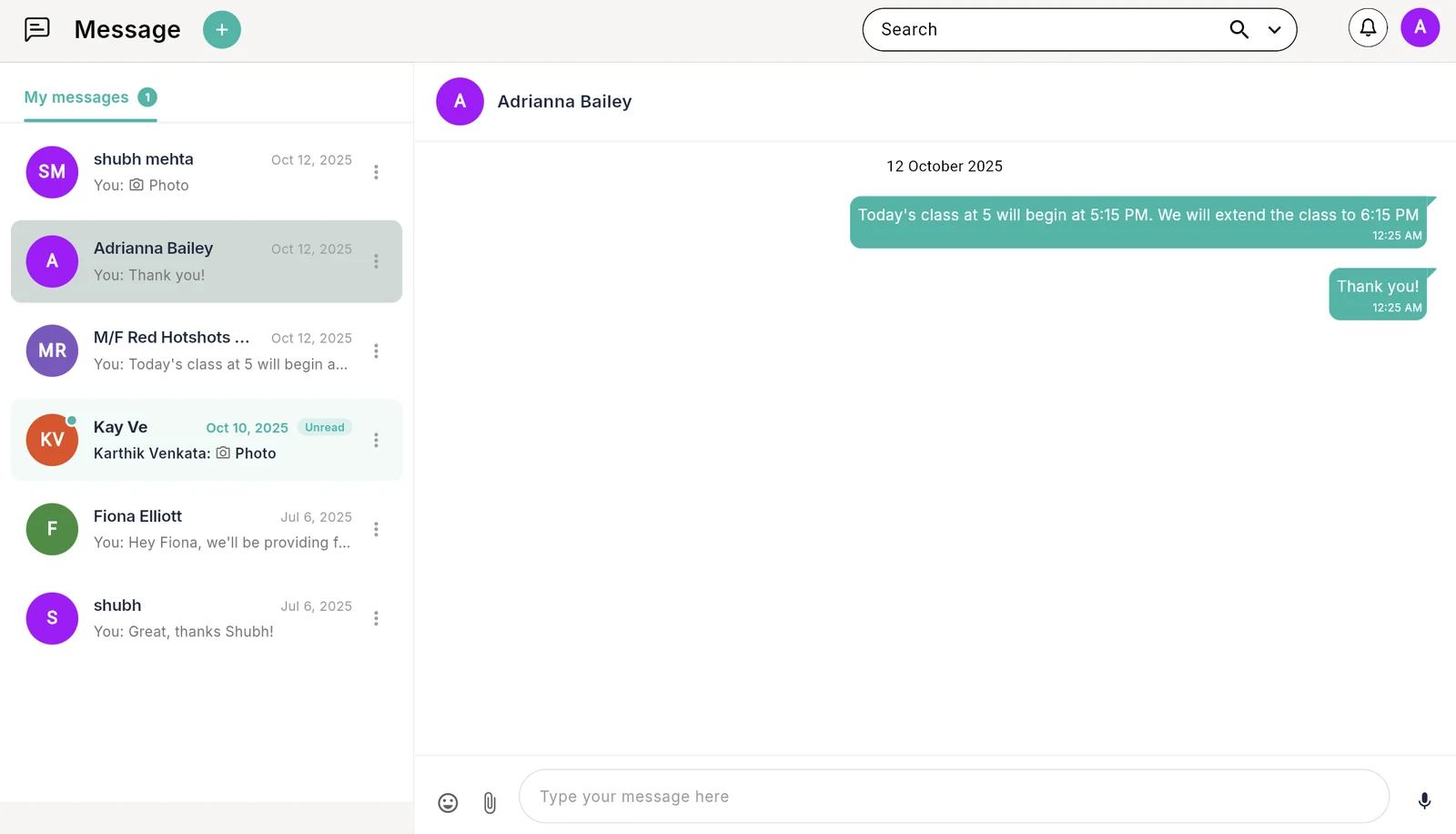 Direct message thread in Outcoach between a coach and a parent, with unread conversations and photo, emoji and voice options