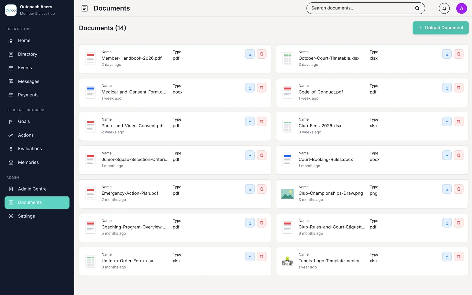 Outcoach Documents library with 14 files including the member handbook, medical and consent form, emergency action plan and court timetable, each with type, upload date and download button