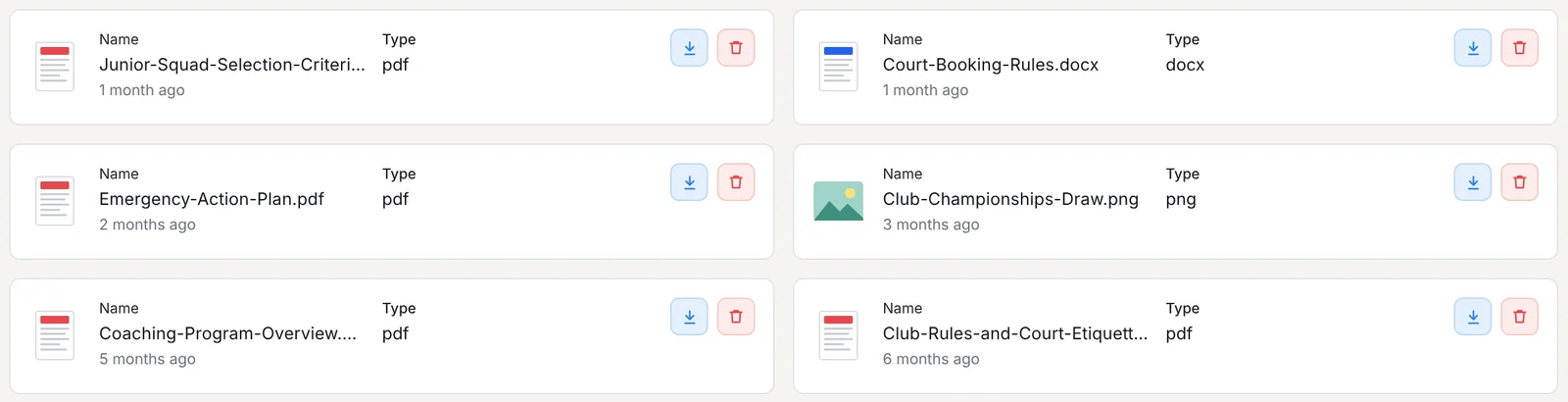 Junior squad selection criteria, emergency action plan, coaching program overview, court booking rules, championship draw and club rules in Outcoach Documents