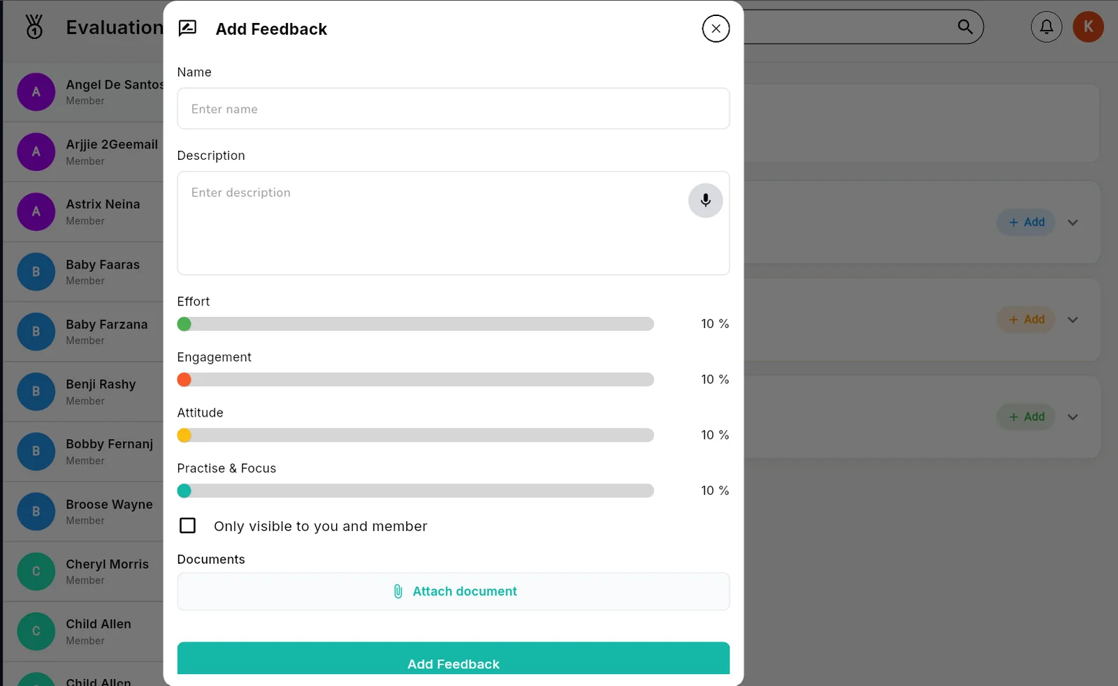 Add Feedback form in Outcoach with ratings for effort, engagement, attitude and practice