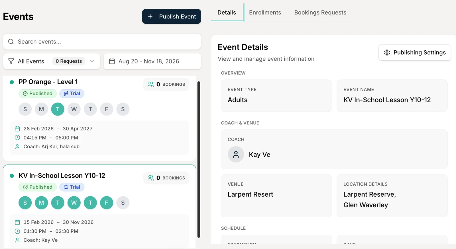 Outcoach event list with search and filters next to event details showing event type, coach, venue, location and publishing settings