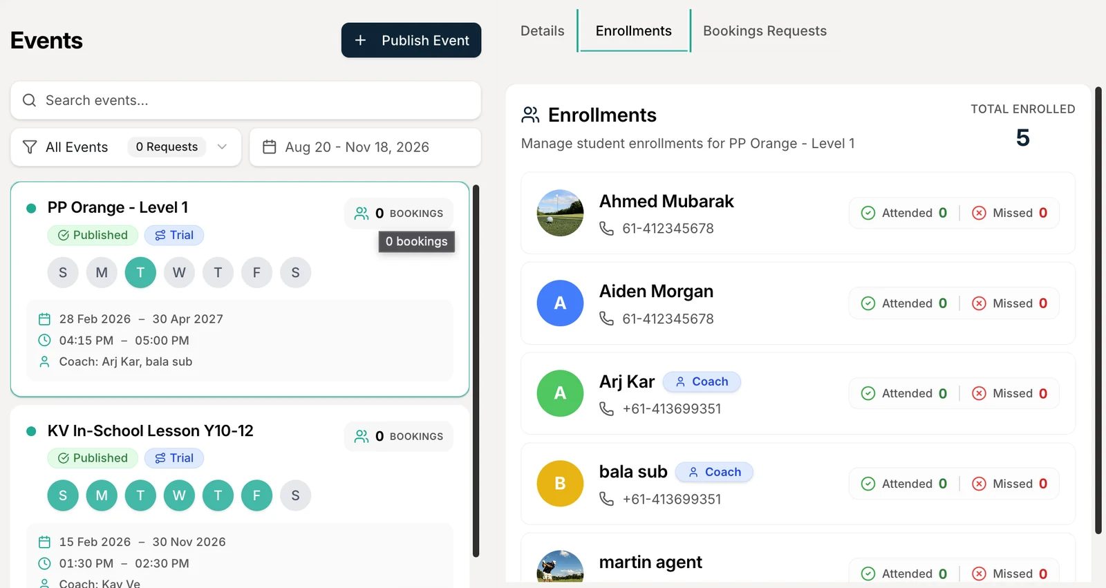 Outcoach enrolments for a class showing total enrolled, students with phone numbers, coach tags and attended and missed counts