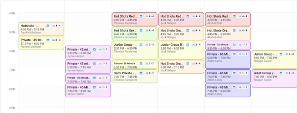 Weekly calendar in the new Outcoach Event screen with colour-coded class cards