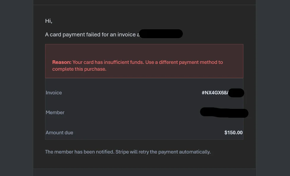 Failed card payment email showing the decline reason, invoice number and amount due
