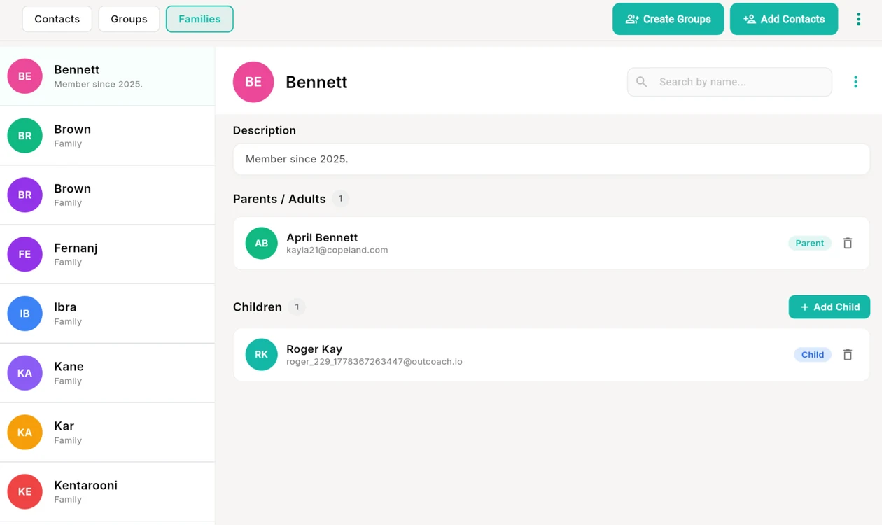 Outcoach Families view linking parents and children in one family record